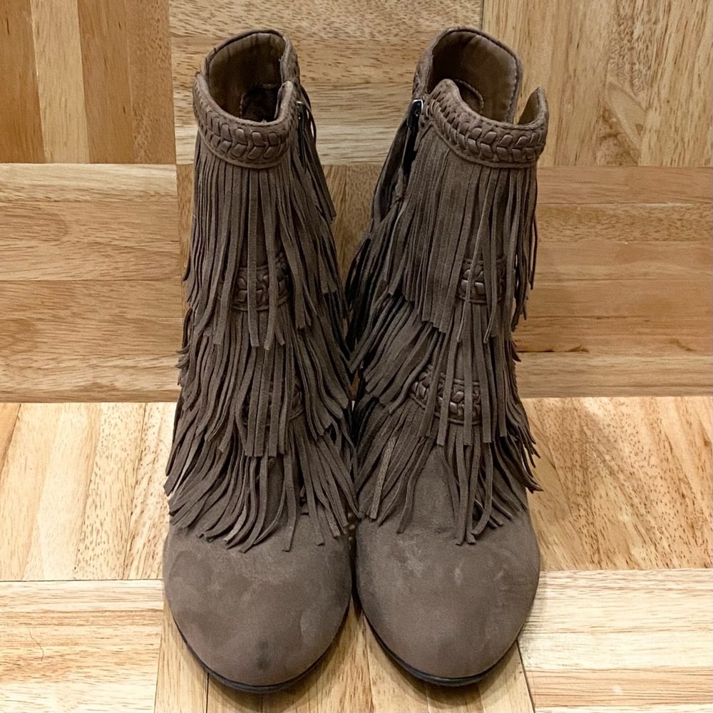 SAM EDELMAN “Kaleb” Taupe Fringe Suede Leather Ankle Booties Size 8.5 - Picture 7 of 16